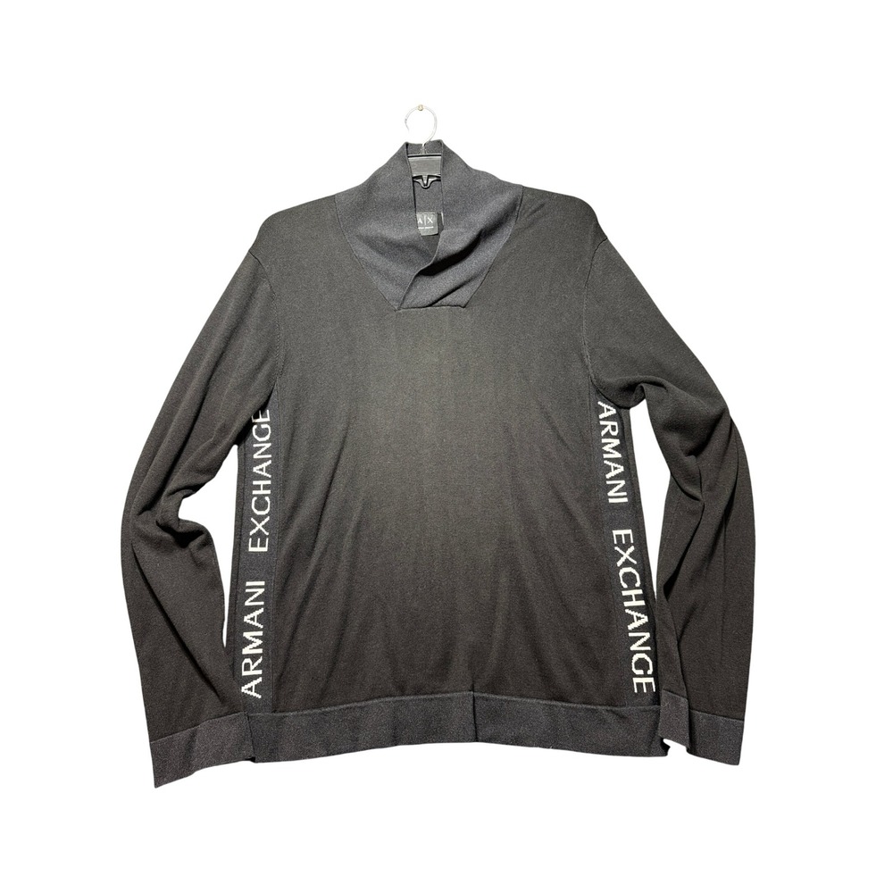 Armani Exchange Shawl Neck Sweater Mens XL Black Excellent Logo Side Tape